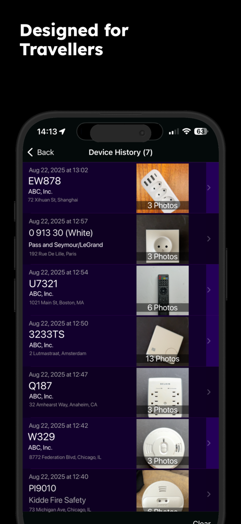 deviceOwl: Find Spy Devices - Captura de pantalla de la aplicación móvil que muestra un historial de dispositivos escaneados, incluyendo detectores de humo y regletas.