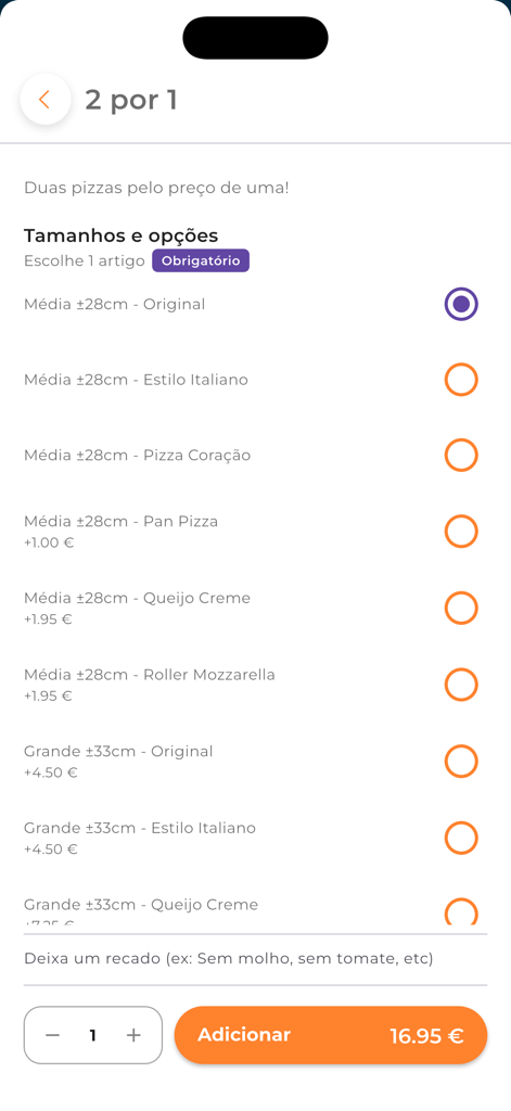 Xicos - Xicos app interface showing pizza size and crust customization options for a buy one get one free promotion