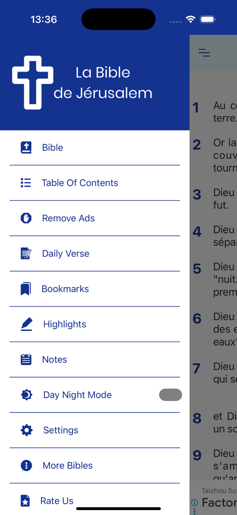 La Bible de Jérusalem - Side navigation menu of the La Bible de Jérusalem app featuring study tools and settings.