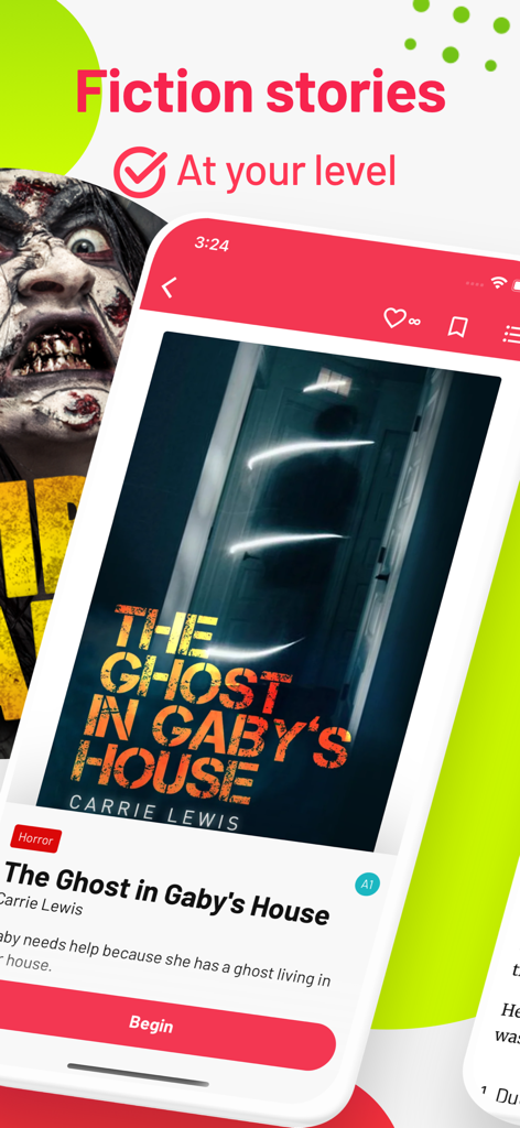 Pantalla de la aplicación Readable que muestra una historia de terror de ficción simplificada para estudiantes de inglés de nivel A1.