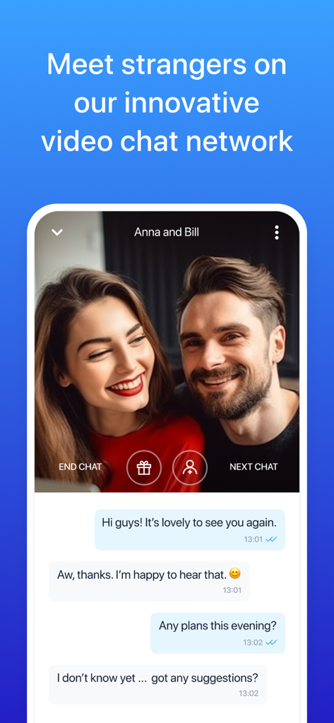 CooMeet innovative video chat interface featuring a live video call and real-time text messaging with a couple