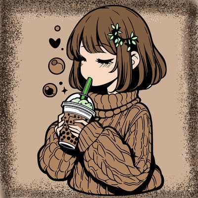 manga girl drinking boba in cozy sweater