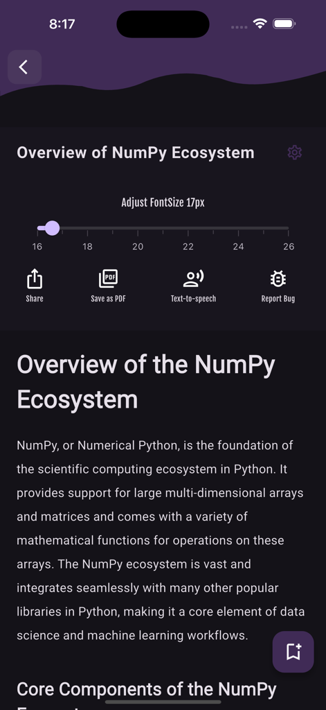 Learn NumPy - Pantalla de tutorial de la aplicación Learn NumPy que muestra la descripción general del ecosistema de NumPy con opciones de texto a voz y exportación de pdf.
