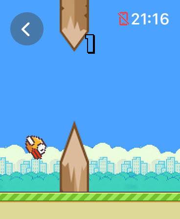 Watch Game Collection - Ein Screenshot des Pixel Bird-Minispiels, das einen pixeligen Vogel zeigt, der über eine Stadtkulisse durch Hindernisse fliegt