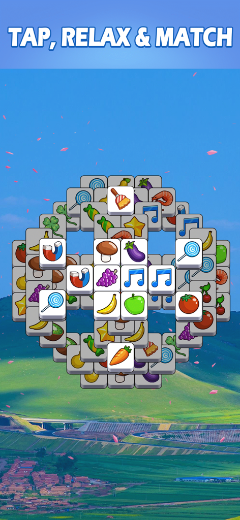 Tile Master Pro: Triple Match - Uma captura de tela do jogo Tile Master Pro mostrando uma pilha central de peças com ícones como frutas e notas musicais sobre uma paisagem cênica.