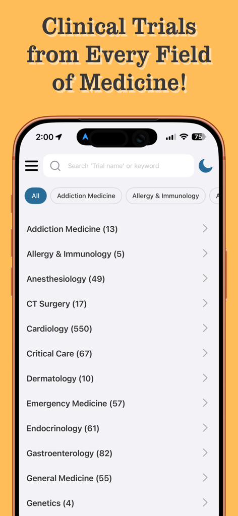Visualmed 앱에서 의료 전문 분야 및 임상시험 수를 보여주는 스마트폰 화면.