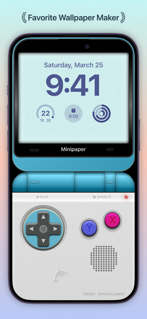 Minipaper: Wallpaper Maker - Ein benutzerdefinierter iPhone-Sperrbildschirm mit einem blau-weißen Retro-Handheld-Spielkonsolen-Hintergrundbilddesign, erstellt mit Minipaper