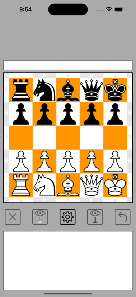 Blindfold Chess 5x5 - Starting position on a 5x5 orange and white chess board