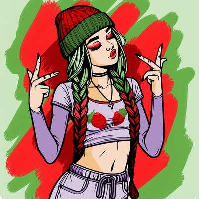 realistic teenage girl with braids and a beanie and crop top doing 🫶🏼