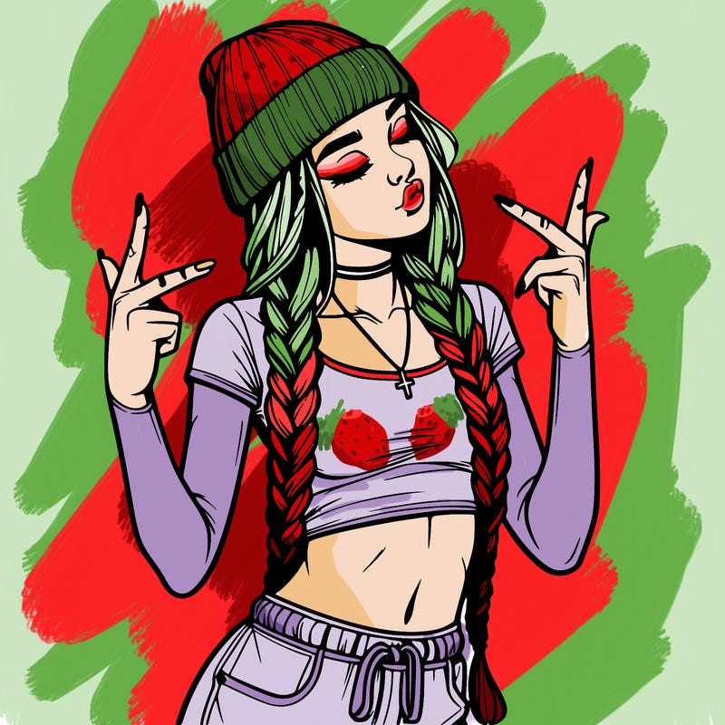 realistic teenage girl with braids and a beanie and crop top doing 🫶🏼