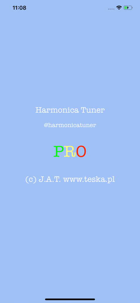 Splash screen of the Harmonica Tuner Pro mobile app featuring a blue background and multicolored text