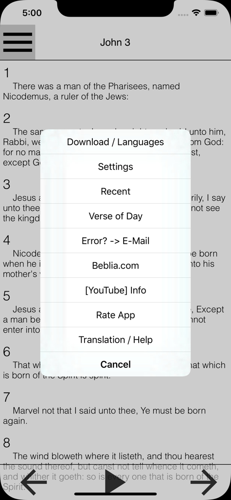 Menu overlay on a Bible app screen showing settings and language options over the text of John 3.