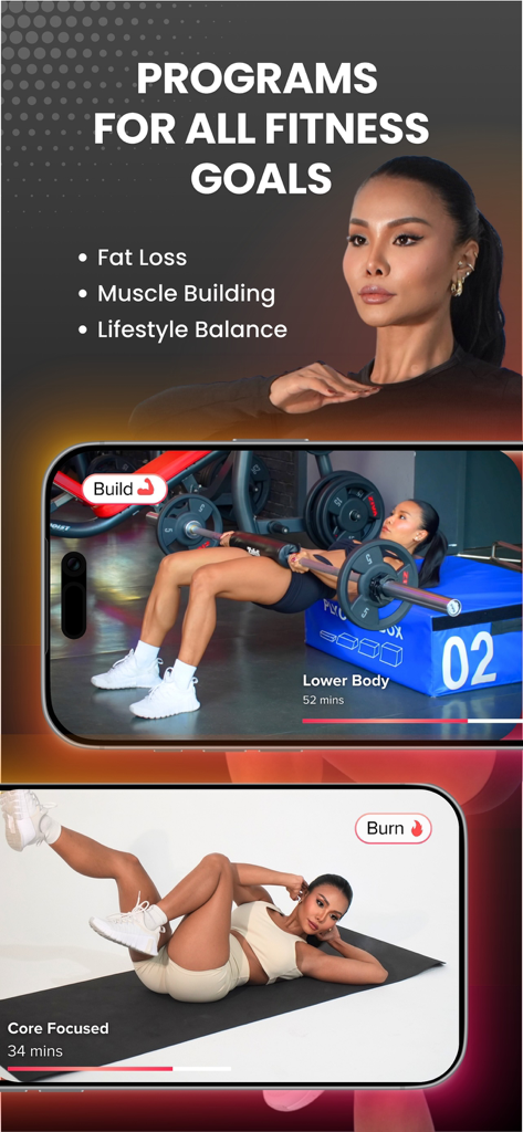 ELEV8 : Train with Structure - Pantalla de la aplicación ELEV8 que muestra varios programas de fitness para pérdida de grasa y aumento de músculo con previsualizaciones de entrenamiento.