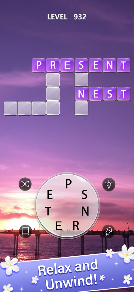 Un rilassante livello di cruciverba con sfondo di spiaggia al tramonto e una ruota di selezione lettere