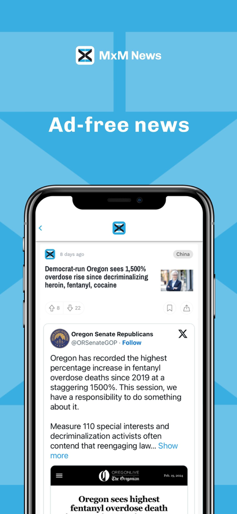 MxM News - 광고 없는 뉴스 피드와 정치 기사를 표시하는 MxM 뉴스 앱 인터페이스