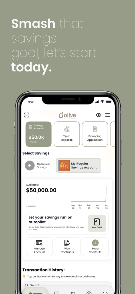 Olive Pro - Olive Pro mobile app dashboard showing savings account balance and automated saving features