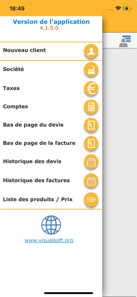 Main navigation menu of the Devis et Facture app showing options for clients company settings and invoice history