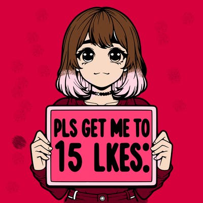 realistic girl holding up a sign that says “pls get me to 15 likes!”