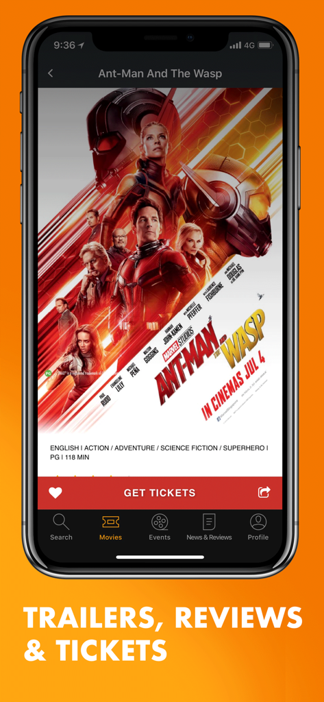 Popcorn: Movie showtimes - Popcorn app interface displaying movie details and a get tickets button for Ant Man and the Wasp