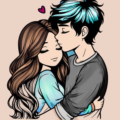 a realistic couple boy and girl hugging and kissing