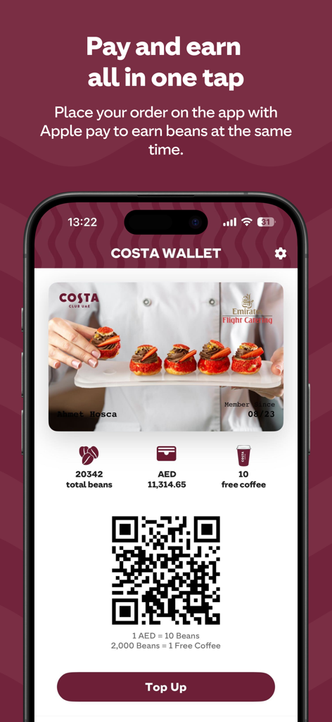 Costa Club UAE - Costa Club UAE app wallet interface displaying loyalty beans and a scan QR code