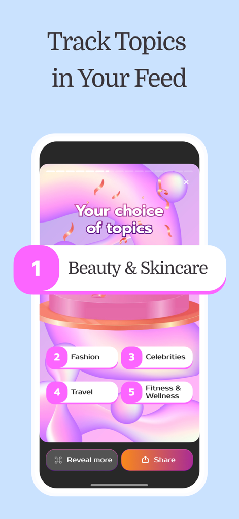 Instagram unfollowers: tracker - Mobile app screen showing the track topics in your feed feature with categories like beauty skincare and fashion