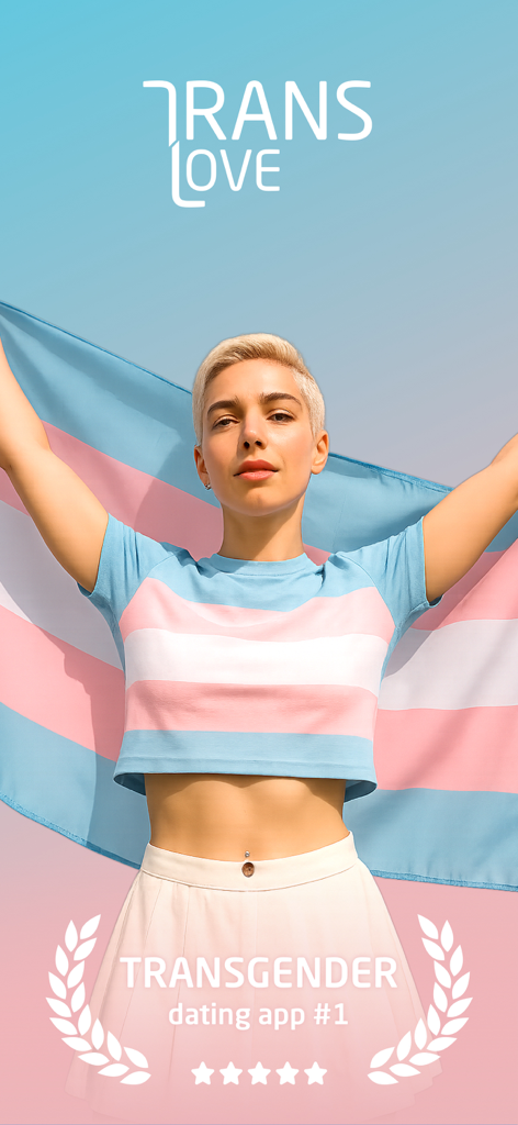 TRANSLOVE - Transgender Dating - Une personne tenant un drapeau de la fierté transgenre derrière le logo Translove et le texte l'identifiant comme l'application de rencontres numéro un