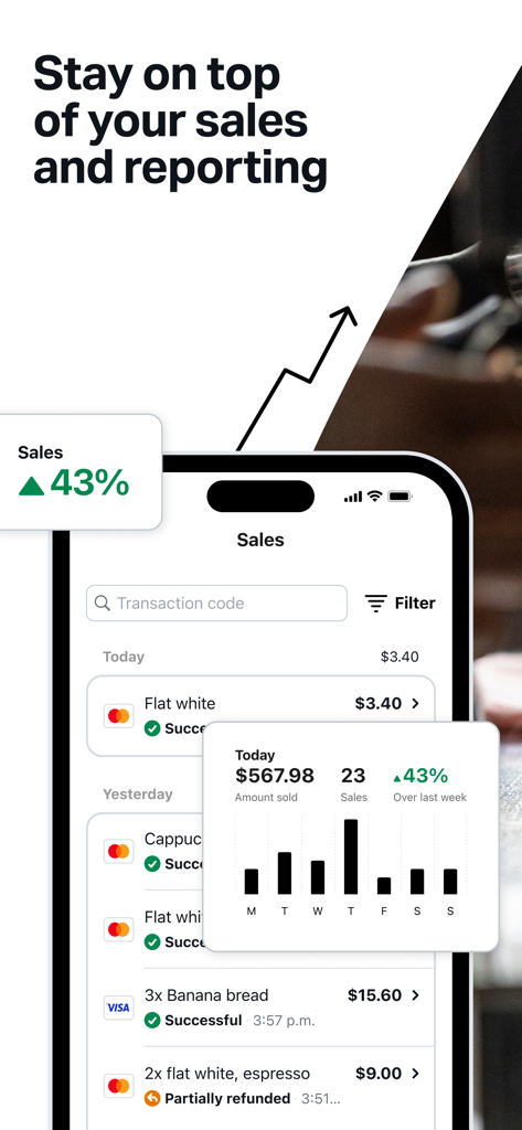 SumUp app interface showing sales reports and transaction history on a smartphone