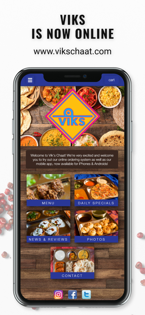 Viks Chaat - The home screen of the Viks Chaat mobile app featuring menu sections and food images on a wooden background.