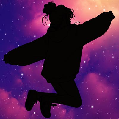 realistic girl jumping with a bun and oversized sweatshirt
