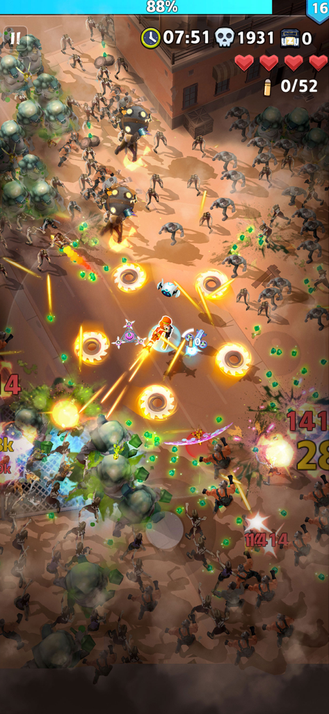 Zombie Waves-shooting game - Ein Top-Down-Screenshot von Zombie Waves, der einen Spielercharakter zeigt, der kreisförmige Klingen-Fähigkeiten einsetzt, um eine massive Zombie-Horde in einer Stadtstraße abzuwehren.