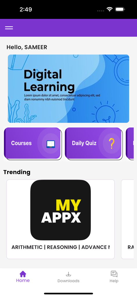 My AppX - My AppX education app dashboard featuring digital learning banner and course navigation buttons