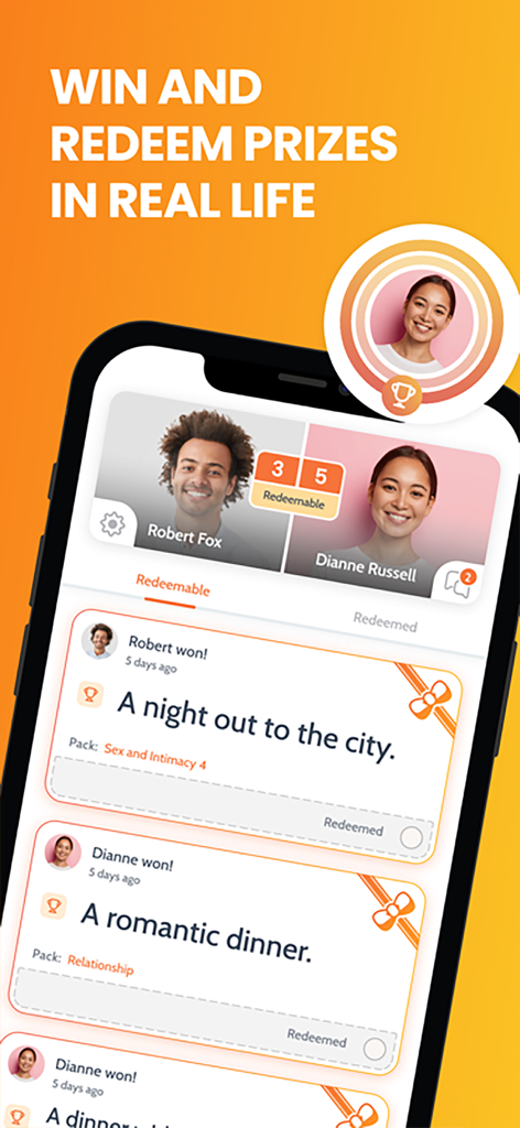 Couple Game: Relationship Quiz - カップルゲームアプリで交換可能な関係の賞品とクーポンを表示するスマートフォンの画面。