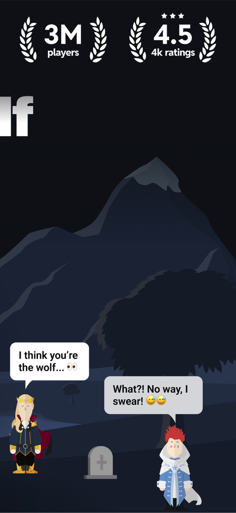 Wolfy - Two avatars debating who is the werewolf in the Wolfy social deduction mobile game night scene.