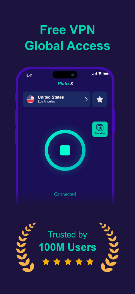 PlatoVPN App-Oberfläche, die eine sichere Verbindung zu einem Server in den USA zeigt, mit einem Abzeichen, das über 100 Millionen vertrauenswürdige Benutzer hervorhebt.