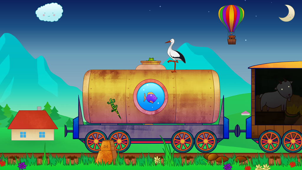 Animal Train for Toddlers - Cartoon train with animals in a nighttime landscape with mountains and a hot air balloon