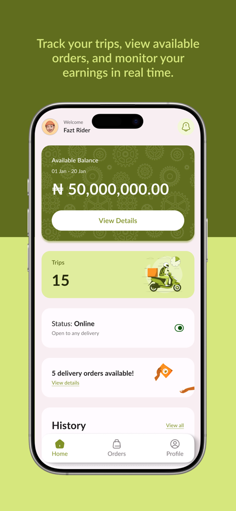 Fazt Rider - Panel de la aplicación Fazt Rider que muestra las ganancias de entrega y las estadísticas de los viajes