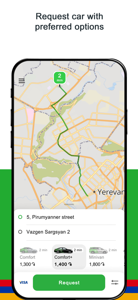 UVO - Taxi and Delivery - Interfaz de la aplicación de taxi UVO que muestra una solicitud de coche en un mapa de Ereván con opciones de clase de coche y precios