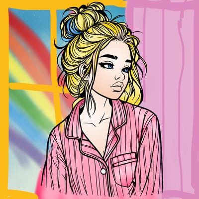 realistic woman with pajamas on and a messy bun