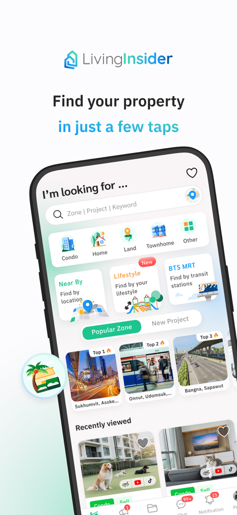 Livinginsider:Thai #1 Property - Livinginsider mobile app screen for searching properties in Thailand with various filters and categories.