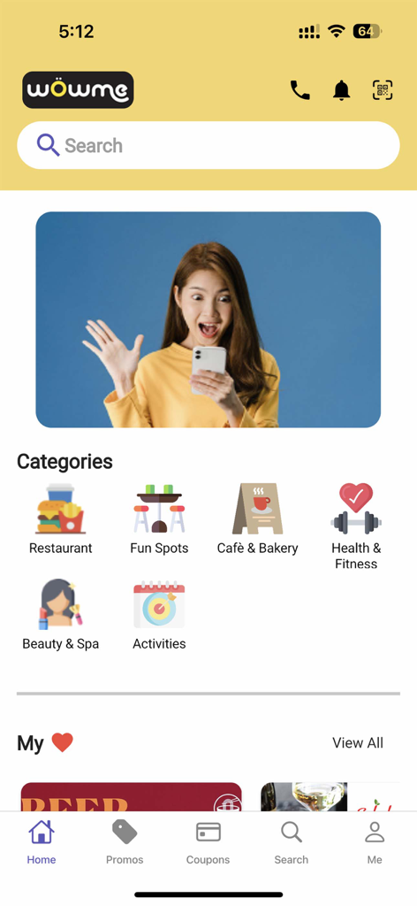 WOWme+ - WOWme 플러스 앱 홈 화면에 레스토랑, 건강 및 피트니스와 같은 다양한 라이프스타일 카테고리가 표시됩니다.