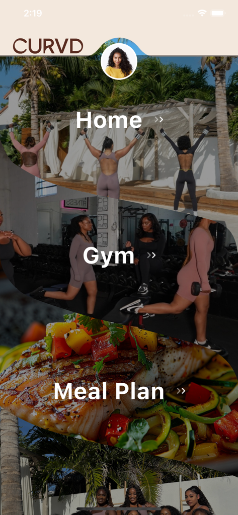 CURVD by Capri Curves - Main screen of the CURVD fitness app featuring home workouts gym exercises and meal plan options