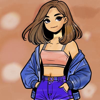 a realistic girl with a crop top and short shorts in an open jacket