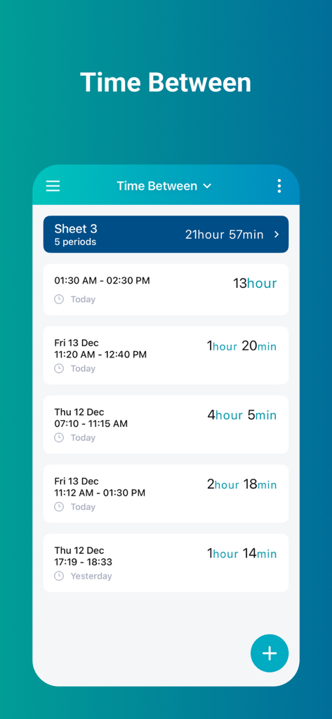 Interface of Time Calculator app showing a list of calculated time intervals and total duration.