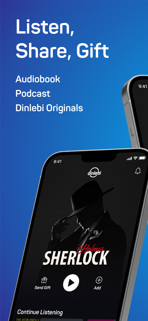 Dinlebi: Audiobook - Dinlebi app interface with text Listen Share Gift and a player showing a Sherlock Holmes audiobook