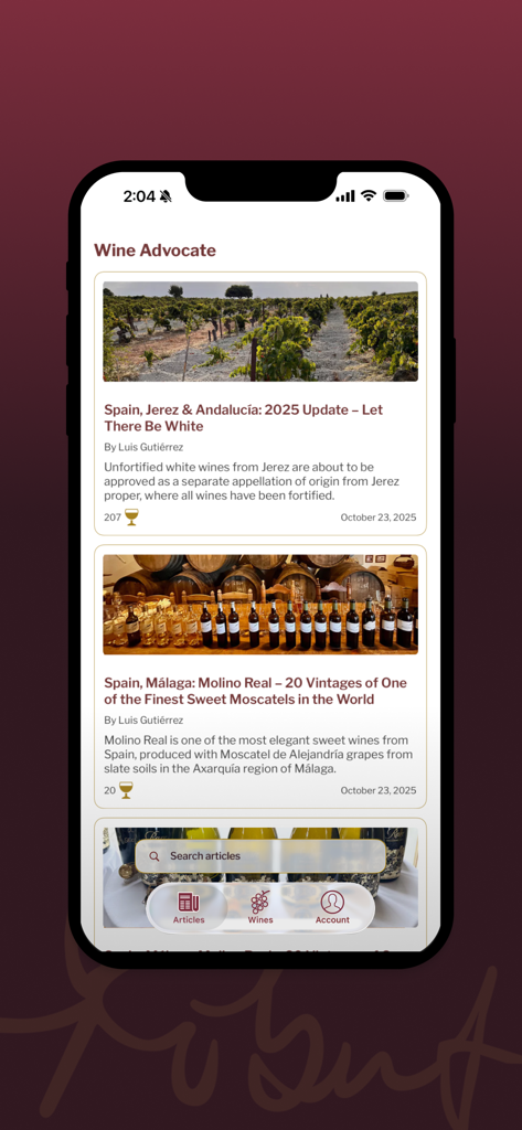 Robert Parker - Mobile app interface of Robert Parker Wine Advocate displaying a feed of professional wine articles and regional reviews.