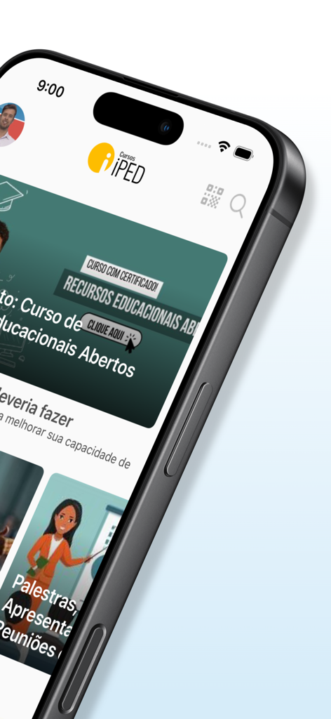 Cursos iPED - Uma tela de smartphone mostrando a interface do aplicativo educacional Cursos iPED com cursos em vídeo e banners de certificação