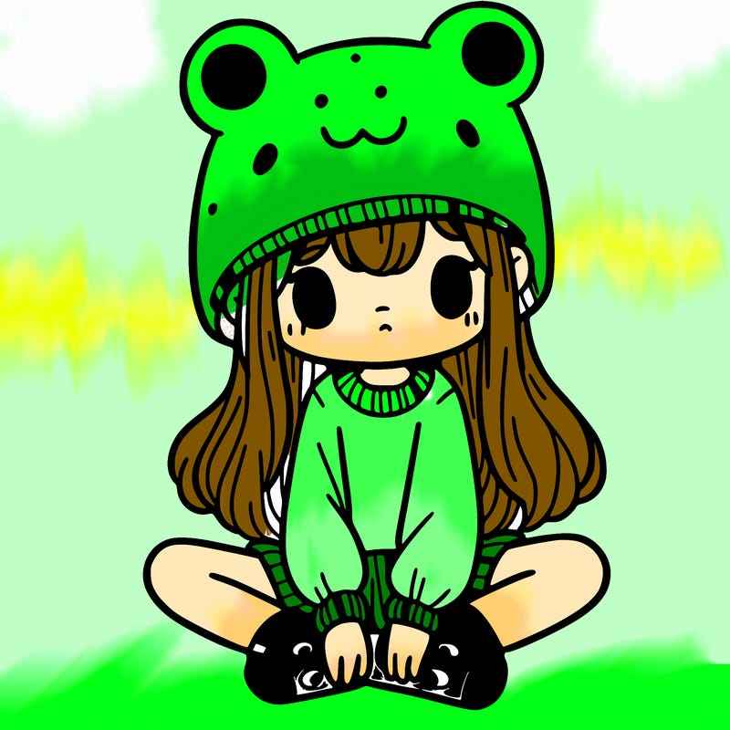 a girl wearing a frog hat and some frog socks