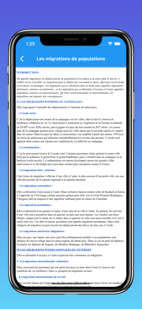 Sama School (Collège & Lycée) - Leçon détaillée de géographie sur les migrations de population dans l'application mobile Sama School