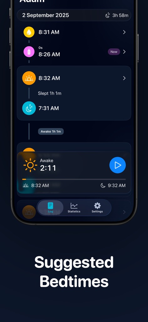 Baby Sleep Tracker Wake Wise - Wake Wise app interface displaying baby activity logs and suggested bedtimes for infant sleep management